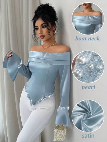 SHEIN Elenzya 1 件女式露肩褶皱长袖珍珠装饰优雅浪漫衬衫