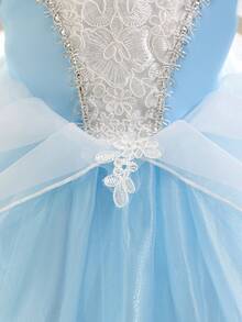 SHEIN Glamorique Kids Baby Girl Princess Dress, Blue Mesh Dress, White Positioning Flower, Silver Ribbon, Blue Gemstone, Bubble Sleeves, Vacation, Partywear ,Valentine's Day,Birthday Dress, New Year's Day, Birthday Party, Wedding Festival Dress, Gorgeous Dress, Middle East, Europe And America