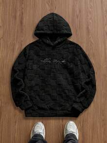 SWAVVY 男士时尚棋盘格纹抓绒刺绣连帽衫，秋冬季长袖上衣 - 黑色 - 查看 1