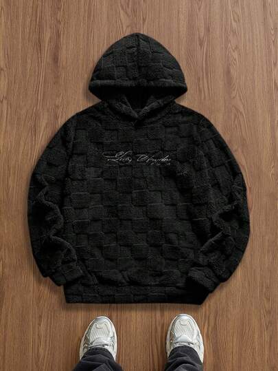 SWAVVY 男士时尚棋盘格纹抓绒刺绣连帽衫，秋冬季长袖上衣