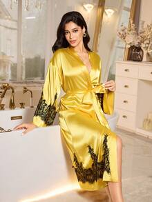 LuxeNights Elegant Luxurious Regal Black Lace & Gold Color Contrast Women's Long Robe, Suitable For Loungewear, Autumn/Winter Long Satin Robe Yellow Satin Robe Satin Robes For Women Kimono Robes For Women Lace Trim Robe Silk Night Gown Silk Robes For Women Satin Night Gown Silk Robe Set