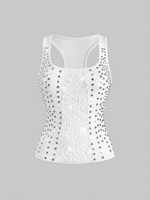 ROMWE Grunge Punk Y2K复古朋克铆钉亮片拼接吊带背心 - 白色 - 查看 1