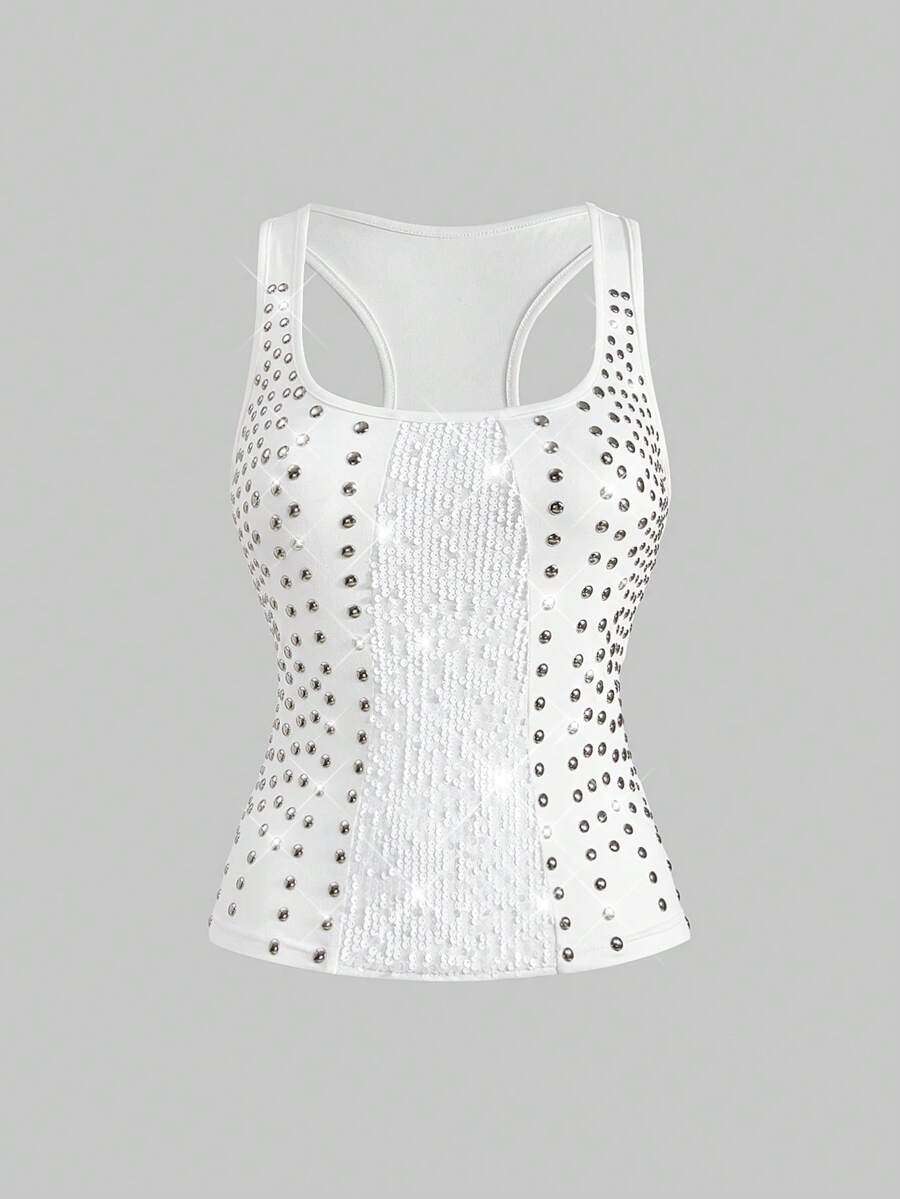 ROMWE Grunge Punk Y2K复古朋克铆钉亮片拼接吊带背心 - 白色 - 查看 1