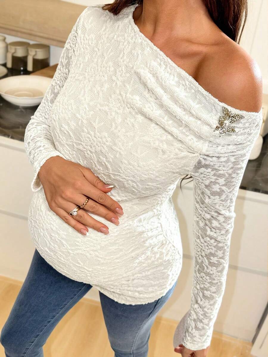 SHEIN Camiseta de manga larga con hombros asimétricos y encaje de unicolor para maternidad - Caqui - Ver 1