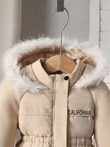 Sparklyn 女童连帽拉链羽绒服，胸前印花设计，休闲时尚，适合室内外穿着，冬季款 - 杏色 - 查看 3