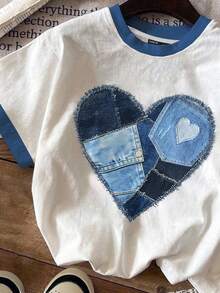 SHEIN EZwear 休闲简约心形印花图案圆领宽松女式T恤 - 彩色 - 查看 3