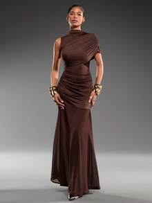 Normani European & American Style Coffee Color Elastic Slim Fit Asymmetric One Shoulder Round Neck Ruffle Patchwork Bodycon Mesh Sleeveless Dress For Women - Brown - View 3