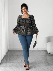 Elenzga 大码女士优雅碎花长袖翻领衬衫 - 黑色 - 查看 3