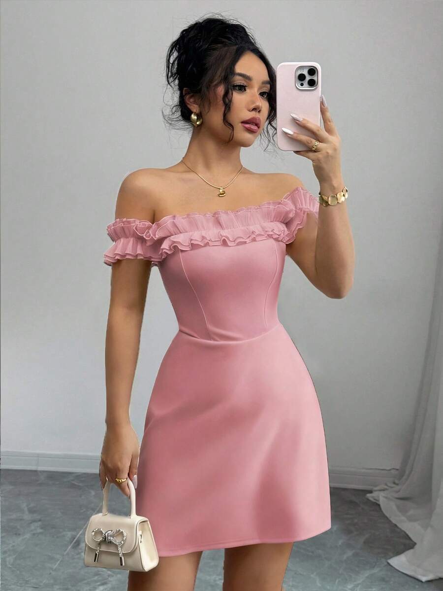 Elenzga 女士露肩荷叶边腰浪漫连衣裙 - 淺粉色 - 查看 1