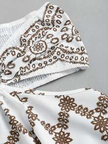 Sweetra 夏季休闲度假复古紧身露背系带镂空喇叭下摆蓝色印花迷你连衣裙（女款） - 咖啡 - 查看 4