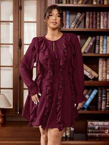 Vionelle Plus Size Women's Burgundy French Chiffon V-Neck Elegant Autumn Retro Ruffle Hem Long Sleeve Blouse,Perfect For Wedding Guest,Office&Party Wear - Burgundy - View 5