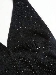 Sweetra Goth-Inspired Glitzy Rhinestone Embellished Backless Deep V-Neck Party Dress, Sexy Ruched Waist Design, Unique Sultry Shibuya Girl Style - Black - View 5