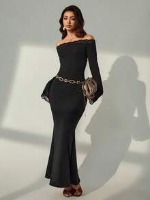 Lyxana Long Flare Sleeve Off Shoulder Contrast Lace Elegant Casual Vacation Dress For Women, Autumn/Winter - Black - View 1