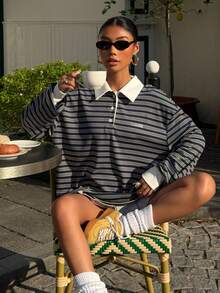 Muchica 女士休闲撞色条纹套头卫衣 - 彩色 - 查看 4