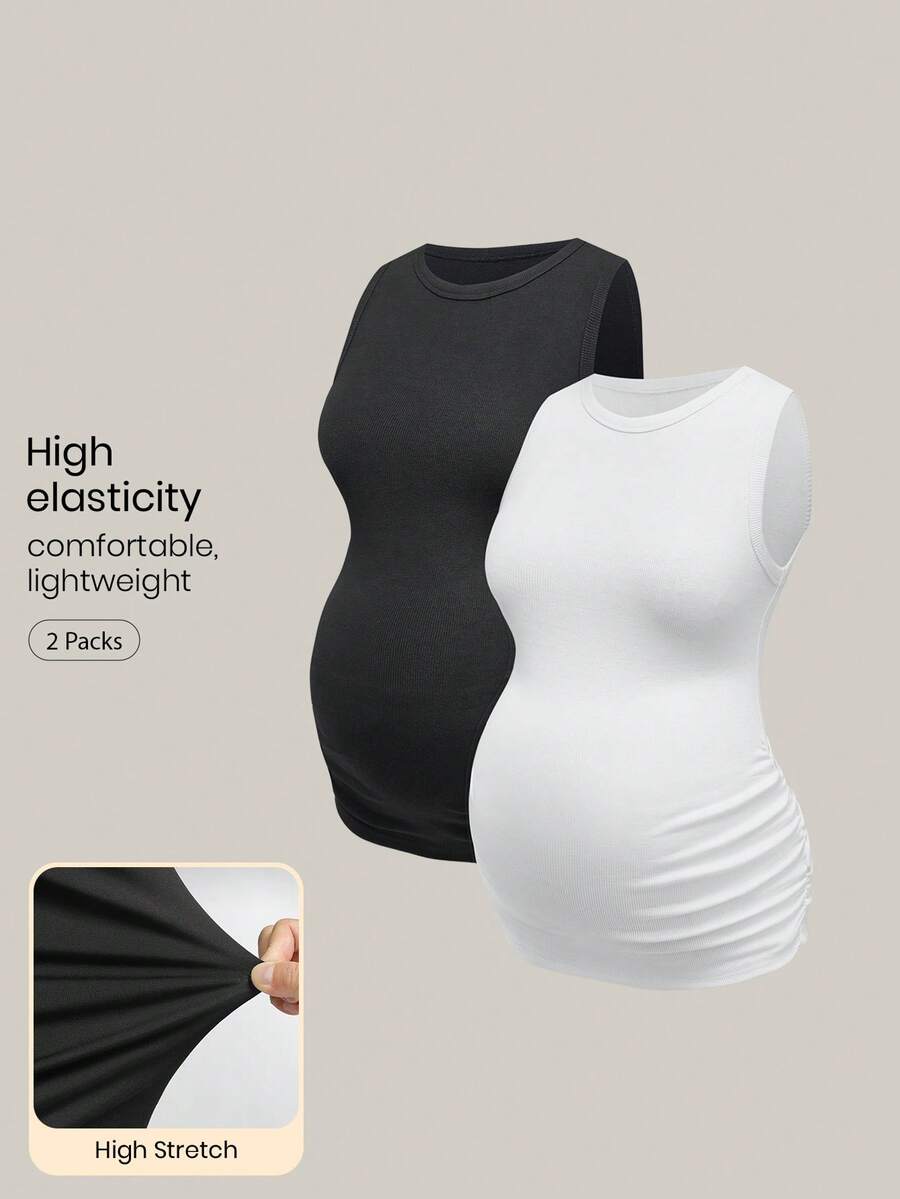 Modmama 孕妇休闲纯色褶皱背心，夏季 - 彩色 - 查看 1