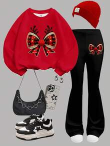 SHEIN Leap Crew 红色，节日圣诞风，可爱闪亮蝴蝶结印花，少女休闲舒适加厚柔软宽松圆领卫衣和喇叭裤两件套，适合秋冬季日常穿着、圣诞节、新年、街头风、居家、度假、校园、街拍等场合。 - 白色 - 查看 3
