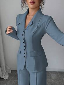 Elenzga 女士酒红色纯色厚面料V领西装外套，撞色纽扣假口袋设计，教师制服优雅专业套装，适合感恩节、万圣节、圣诞节、旅行、正式场合、会议、秋季两件套 - 藍色 - 查看 7