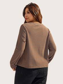 Elaquor Kaos Wanita Bergaris Kasual Lengan Panjang Longgar Kancing Depan Ukuran Besar Musim Gugur - Coffee Brown - View 2