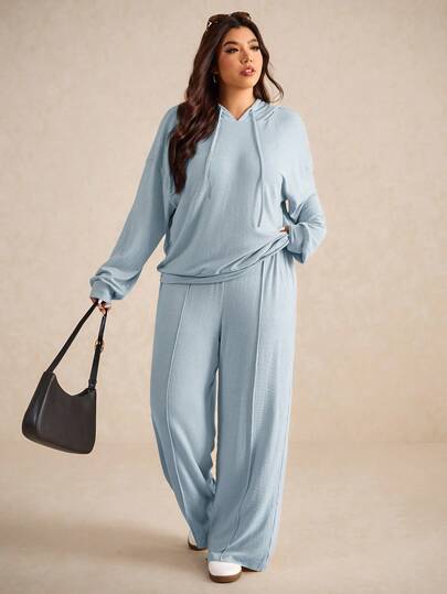 Elaquor 2pcs Plus Size Solid Color Dropped Shoulder Loose Drawstring Hoodie Sweatshirt Set