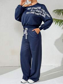 Modelyn Women Slogan Print Oblique Shoulder Long Sleeve Top And Pants Casual 2 Pieces Set - Blue - View 5