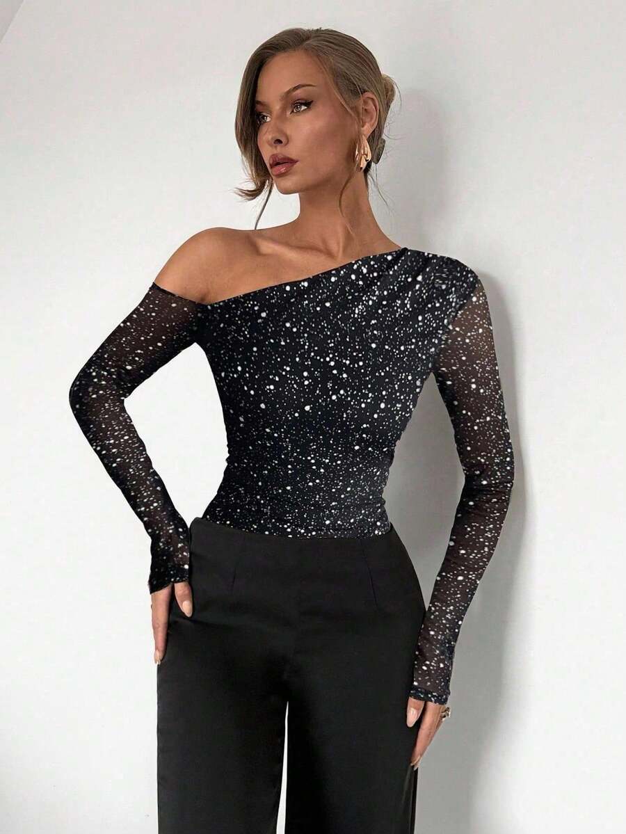 Almamuse Women's Fashion Metallic Polka Dot Mesh Print Off-Shoulder Long Sleeve Bodysuit - Black - View 1