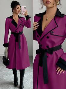 Elenzga Women's Contrast Collar Design Double-Breasted Cinched Waist Waist Elegant Casual Commute Fashion French Versatile Holiday Business Trench Coat, Cream White & Apricot, Long Sleeve, Autumn/Winter - Purple - View 7