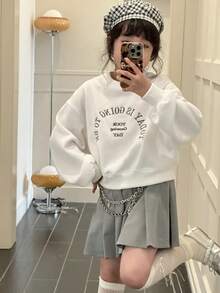 Dazy Kids Tween Girl Drop Shoulder Casual Crew Neck Slogan Embroidered Fleece Sweatshirt, Autumn/Winter - White - View 3