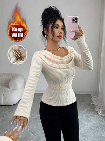 Elenzga New Women's Oblique Shoulder Ribbed Knit Metal Decor Ring Long Sleeve Elegant Slim Fit T-Shirt