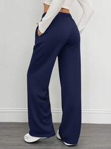 SHEIN Tall 舒适休闲纯色针织低腰阔腿女士运动裤，内里加绒，秋冬季保暖舒适，藏蓝色，孕妇裤，阔腿裤，女士阔腿裤，女士阔腿运动裤，女士喇叭运动裤，休闲裤 - 藏蓝色 - 查看 2