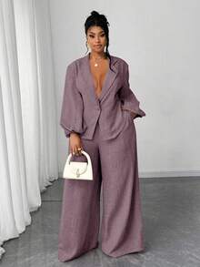 Maweii Große Größen Set aus einfarbigem Hemd mit Kragen und Drop Shoulder, Langarm, lässig, locker, 2 Teile - Violett - Übersicht 1