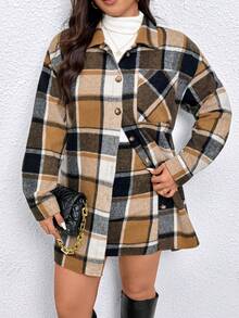 Elenzga Plus Size Women's Plaid Long Sleeve Cardigan Thin Jacket And Matching Plaid Mini Skirt 2 Pieces Set, Minimalist For Commuting - Brown - View 7