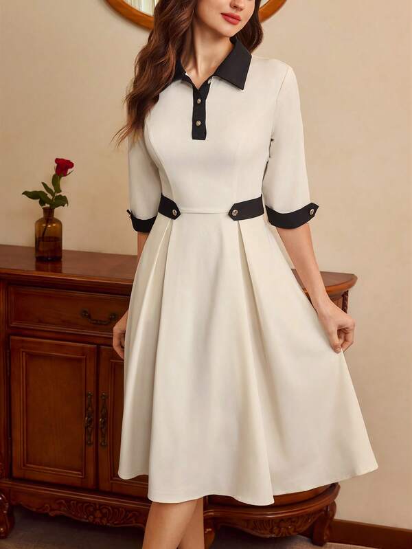 Vintamour Vintage Elegant Women's Dress With Pockets, Polo Collar, Contrast Color Metal Buttons, Casual For Work, Travel And Vacation