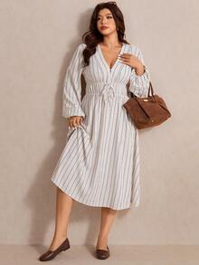 Elaquor Plus Size Urban Minimalist Knit Striped V-Neck Waist Flared Midi Dress For Women - Apricot - View 5