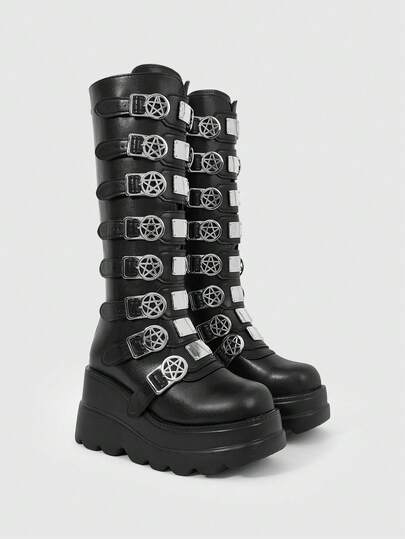 Grunge Punk Women's Black Round Toe Platform Goth Punk Lace-Up Knee-High Boots With Rivet Five-Pointed Star Buckle