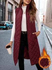 SHEIN Clasi 秋冬季无袖中长款绗缝背心，配有斜插口袋和菱形绗缝设计 - 酒紅色 - 查看 1