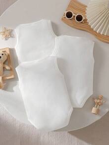SHEIN Vintaside Kids 3pcs/Set Newborn Baby Boy Casual Cute Bear Decor White Bodysuit Outfit, Suitable For Daily Wear, Summer - White - View 2