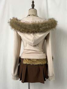 SHEIN Unity Casual Zip-Up Long Sleeve Fuzzy Ball Decor Sweatshirt For Women, Apricot Color - Apricot - View 2