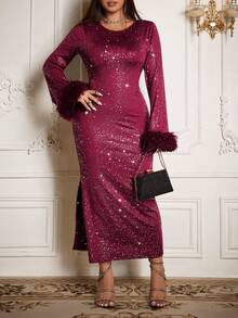 Flirla Plus Size Women Elegant Burgundy Autumn Formal Sequin Midi Dress,Vintage Metallic Yarn Curly Cuff Long Sleeve Fitted Glam Party Christmas Valentine's - Burgundy - View 3