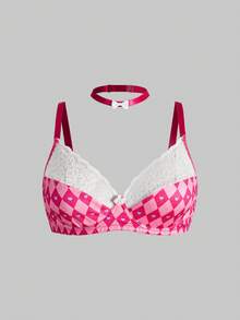 ROMWE Kawaii 3件套加大码菱形格纹蕾丝钢圈文胸、项链和印花裙套装 - 玫紅色 - 查看 7