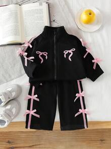 SHEIN Baby Girl Casual Everyday Commute Cute Contrast Color Bow Decor Stand Collar Zip-Up Jacket And Wide Leg Pants Set, Autumn - Black - View 1