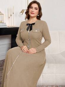 Modelyn Đầm dạ hội dài tay chữ A họa tiết nơ thắt cỡ lớn phù hợp cho mùa xuân và mùa thu dành cho nữ - Màu Khaki - Xem 5