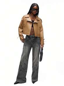 GENKIRA Retro Punk Style Cropped PU Leather Moto Jacket With Straps, Cool Design  - Coffee Brown - View 4