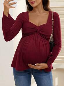SHEIN Women V-Neck Ribbed Twist Front Maternity Long Sleeve Top, Autumn/Winter