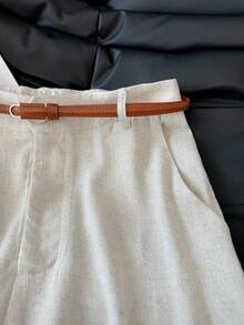 SHEIN Frenchy Quần short nữ dáng rộng, màu trơn, ống rộng, kiểu dáng thường ngày, chất liệu vải lanh, quần short công sở tối giản, màu kem, thanh lịch, cạp cao, thích hợp cho mùa đông, phong cách thường ngày, đi ăn sáng, phù hợp cho cả đi chơi và nghỉ mát, mùa xuân/thu, phong cách Pháp. - Màu be - Xem 4