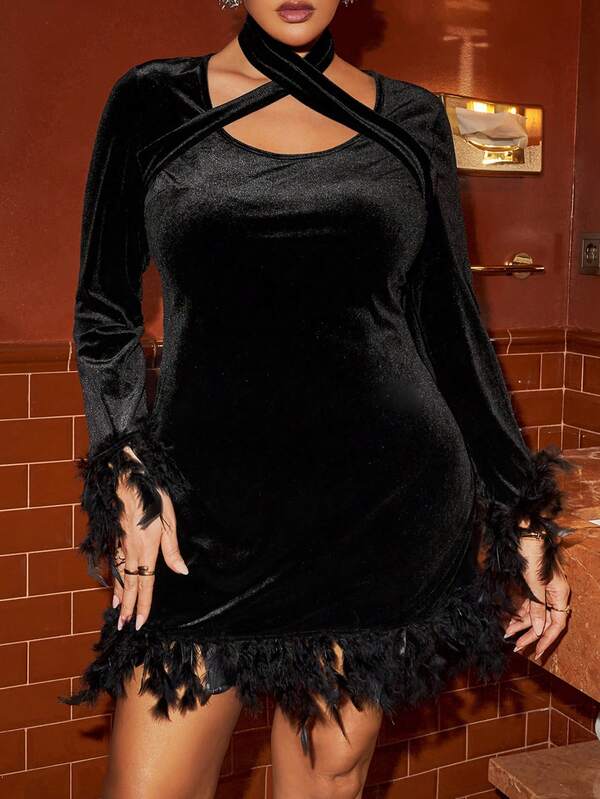 Slaydiva Vestido mini de manga larga con parches de plumas falsas y recortes en la cintura, adecuado para citas, discotecas y fiestas, tallas grandes para mujeres, nuevo modelo 2025
