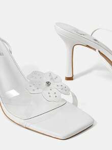 Tpu Translúcido Con Sandalias De Tacón Alto Con Decoración De Flores Y Mariposas De Diamantes De Imitación Para Mujer - Blanco - Ver 4