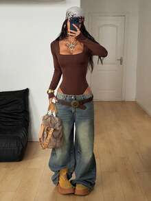 Coolane Women's Winter Streetwear Y2K Basic Daily Wear Casual Minimalist Stretchy Bustier Square Neck Long Sleeve Bodysuit 2pcs - Multicolor - View 5