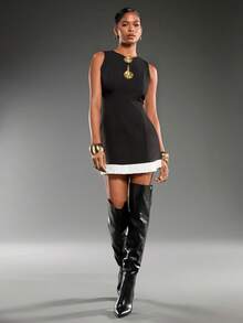 Normani Women's Hollow Metal Buckle Ruffle Hem Dress - Black and White - View 3