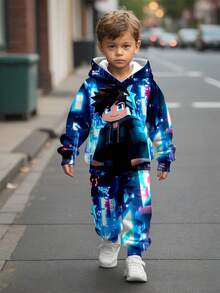 SHEIN 2pcs/Set Boys Loose Fit Casual Cyberpunk Graphic Pixel Man Print Hoodie Sweatshirt Set, & Comfortable - Multicolor - View 1
