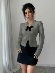 Rafferiza 新款蝴蝶结V领短款套头衫，柔软优雅 - 深灰色 - 查看 6